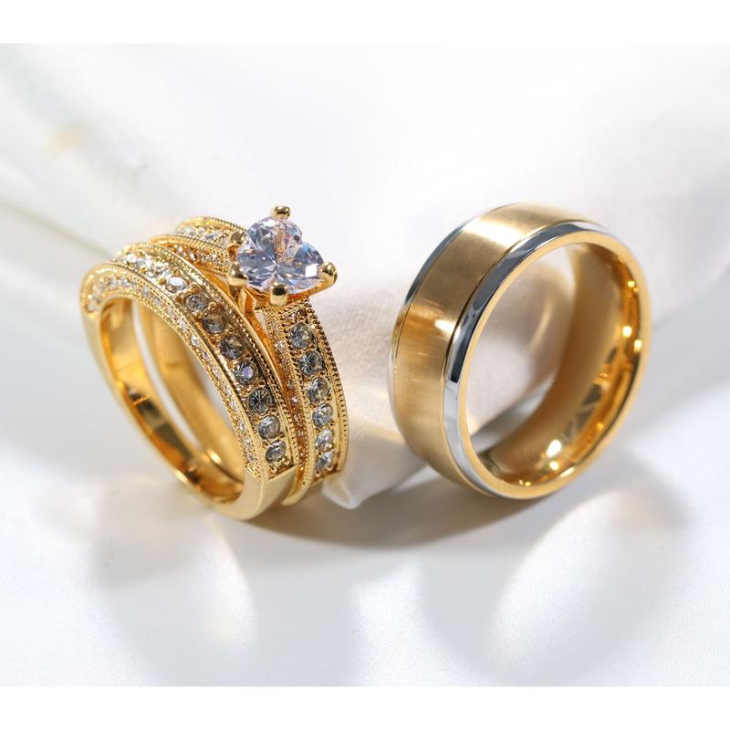 Ringcrown Couple Rings Matching Ring Heart 1ct CZ Yellow Gold Plated 2pcs Women Wedding Ring Sets For Him And Her Ring Men Tungsten Steel Wedding Band