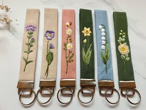 Hand-Embroidered Birth Month Flower Wrist Lanyard – Linen Floral Keychain, Personalized Gift