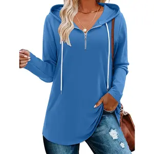 Womens Quarter Zip Tunic Hoodies Pullover Long Hooded Sweatshirts S-3XL