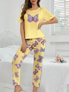 Women's Butterfly Print Tee & Pants Pajama Two-piece Set, Casual Comfy Round Neck Short Sleeve T-shirt & Trousers Loungewear Set, Ladies Sleepwear for Summer, Pjs, Pajamas Set