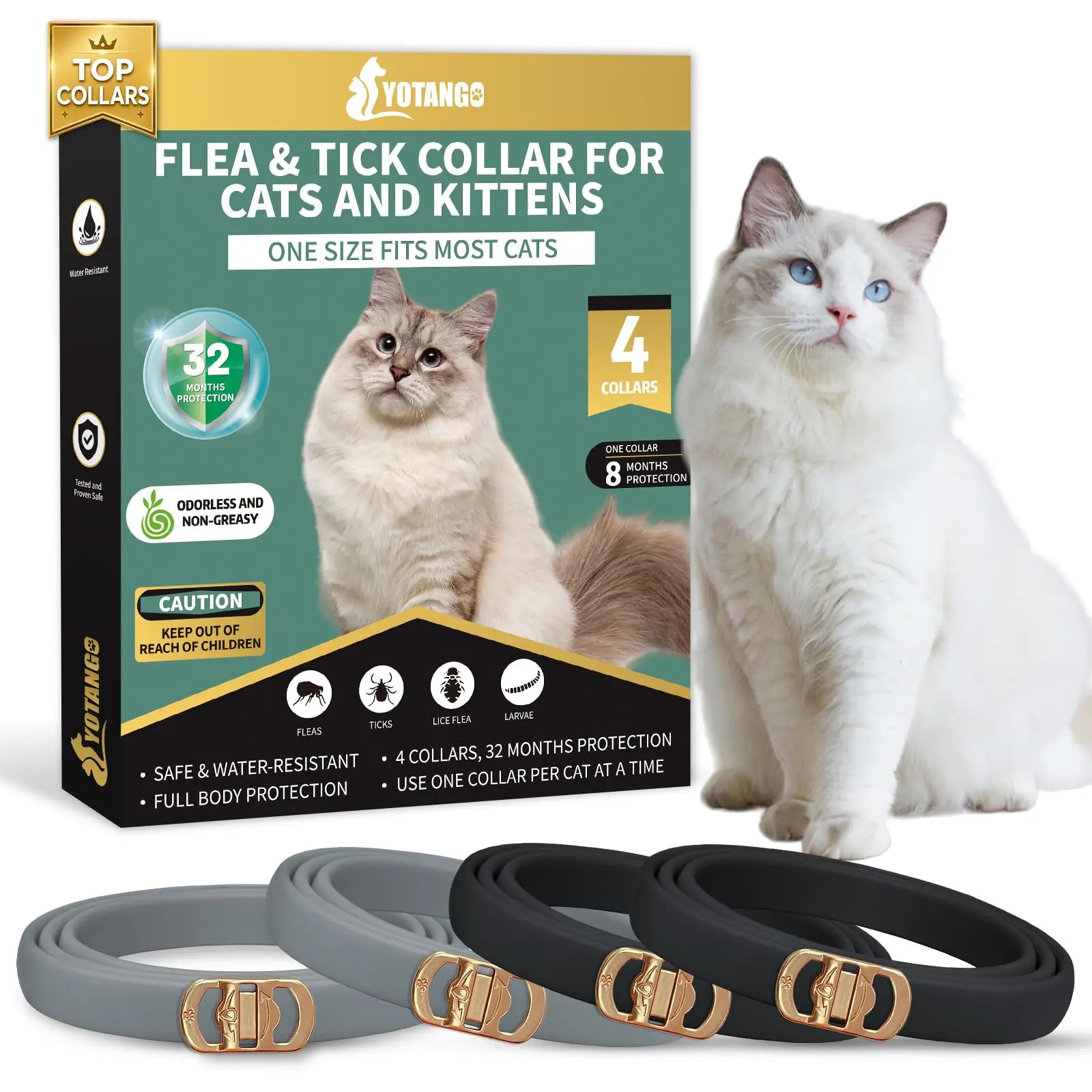YOTANGO 4 Pack Flea Collar for Cats, 32 Months Flea and Tick Prevention for Cats, Waterproof Cat Flea Collar, Cat Flea and Tick Treatment, Adjustable Flea and Tick Collar for Cats Kittens-Black&Gray