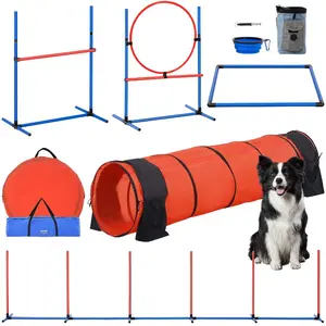 VEVOR Dog Agility Training Equipment, 5 PCS Set Upgrade with Adjustable High Hurdles, 6 Weave Poles, Extended Tunnel, Jump Ring, Pause Box, Whistle, Foldable Bowl, Puppy Obstacle Course Kit with Storage Bag