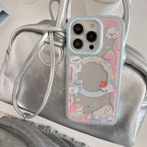 Magnetic cute cartoon border dolphin pattern, dopamine two-in-one transparent phone case, suitable for iPhone 17 Pro Max/17 Air/16 Pro/ 15/14/13/12/11, shockproof protective case, great gift, Casing, Cover