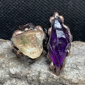 Natural Amethyst Citrine Statement Ring Vintage Copper Adjustable Ring For Daily Wear Positive Energy Feng Shui Jewelry Gift For Women