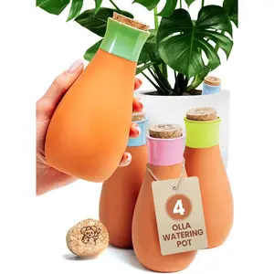 4 count Ollas Terracotta Watering Pots Large - 14 Oz Self Watering Planter Insert Olla Watering System For 1-week Easy To Refill - Clay  Watering Globes For Outdoor & Indoor  [4 PCS, Bright]
