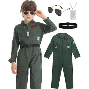 X-CPA07   4 Pcs Fighter Pilot Costume for Kids Air Force Flight Suit Cosplay Halloween with Accessories Set