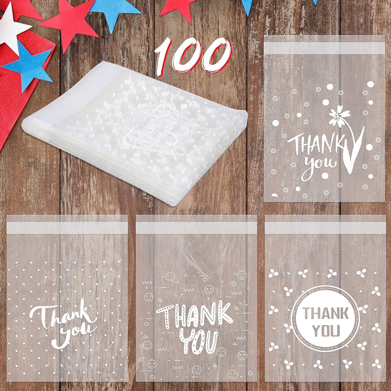 100PCS Thank You Treat Bags – Self Adhesive Cookie Candy Gift Bags, Clear Cellophane Packaging for Party Favors, Sweets & Desserts