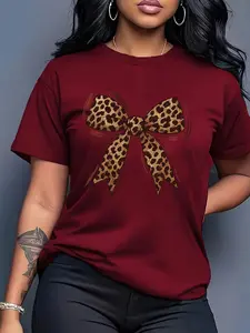 Coquette Leopard Print Bow Graphic Tees for Women, Womenswear, Y2K Aesthetic Short Sleeve Crew Neck T-Shirts, Soft Casual Tops, Preppy Style Shirts for Daily Wear, School, Coffee Date, Plus Size Available, Perfect for Teens, Young Adults Wear