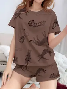 Women's Cartoon Print Tee & Shorts Pyjama Two-piece Set, Casual Comfy Pajama Round Neck Short Sleeve T-shirt & Shorts Pj Set, Ladies Summer Sleepwear