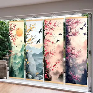 Wooden Hanging Banner, 4 Counts/set Beautiful Plum Blossom Sunset Landscape Poster, Exquisite Natural Scenery, Perfect Living Room Decor, Modern Art Fashion Decoration, Ornaments, Wood Wall Art
