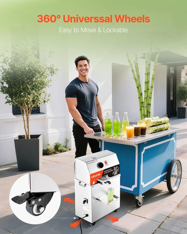 VEVOR Commercial Sugar Cane Juicer, TikTokShopBlackFriday, 800W Electric Sugarcane Juicer Machine with 661LBS/H High Output, 3 Stainless Steel Rollers, Sugar Cane Press Juice Extractor Squeezer on Wheels for Home/Commercial