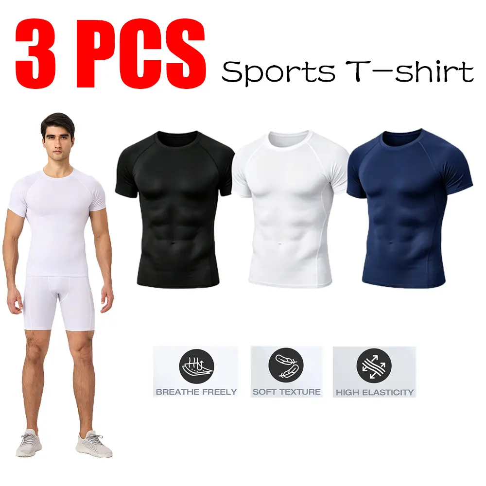3 Pack Mens Stretch Compression Workout Shirts Quick Dry Soft Breathable High Elastic Sports Tees Moisture Wicking Lightweight Athletic Base Layer Tops For Fitness Cycling Daily Sport