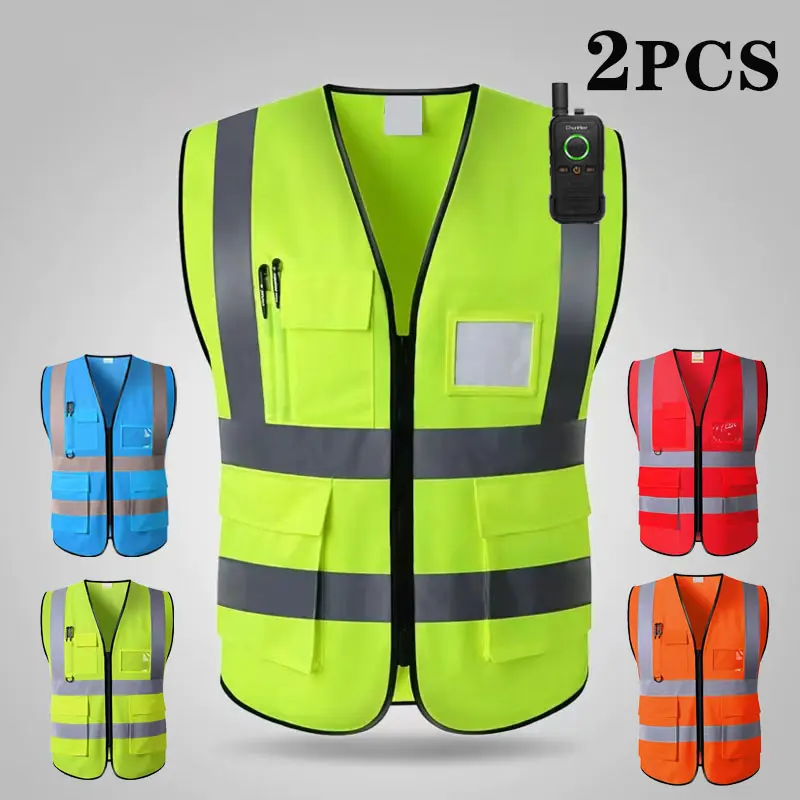 2Pcs Sleeveless Safety Vest - ANSI/ISEA Compliant Work Safety Gear with Pockets, Mic Tab, Reflective Strips, Zipper - Renovation, Engineering, Airport Ground Work Gear for Cycling