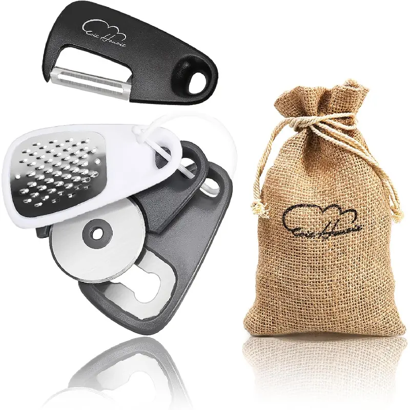 5-Piece Stainless Steel Kitchen Utensil Set - Smooth Food Prep Tools, Space-Saving Accessories: Cheese Chocolate Grater, Fruit Vegetable Peeler, Bottle Opener, Pizza Cutter, Drawstring Burlap Bags Gift Set