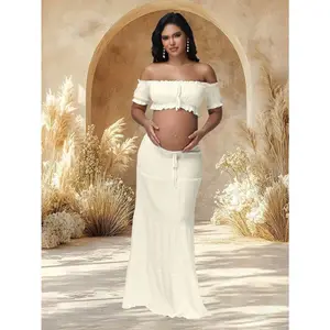 Maternity Off Shoulder Pleated Short Top & Flowing Long Skirt Set 2 Piece Set Photography Beach