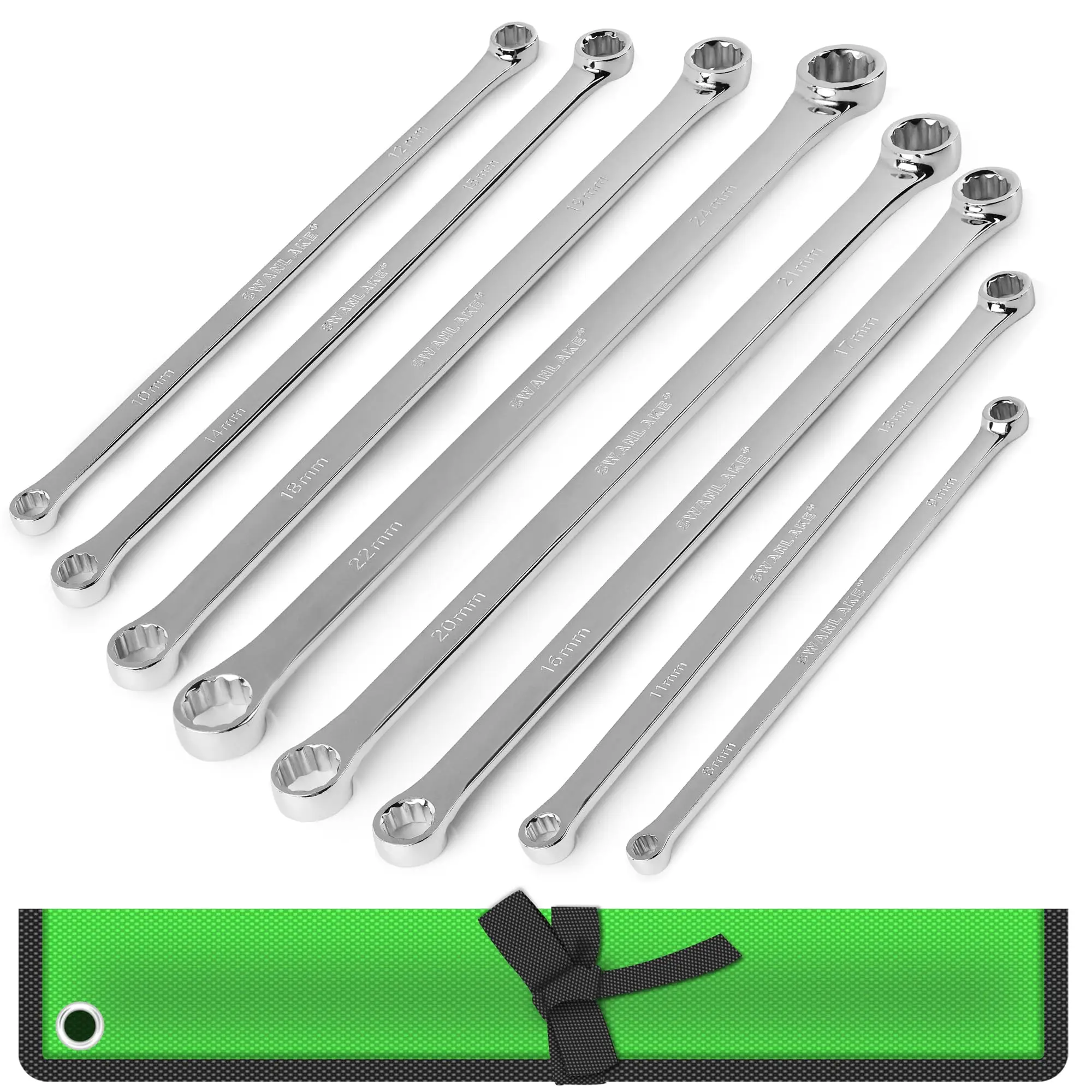 SWANLAKE 8PCS Extra Long Double Box End Wrench Set, CR-V, Less Effort Aviation Wrench Metric 8mm - 24mm combination wrench green wrench hand tool tool