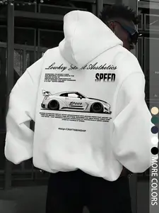 Unisex Cyberpunk Street Style Hoodie, "Low-key Street Aesthetics" letter print and "Speed ​​Car Pattern" print, Loose Fit, Fall Winter Casual Wear, Unisex Y2K Fashion Gift