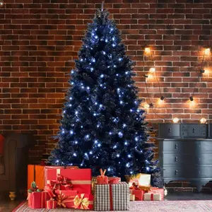 7.5ft Black Christmas Tree for Halloween & Holiday Decor, Pre-Lit with White LED Lights, Artificial Hinged Tree with Stable Metal Stand, Gothic Party Decor