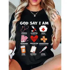 100% Cotton Unisex God Says I Am Nurse Strong Protected Religious Nurse Nursing T-Shirt Casual Top D611