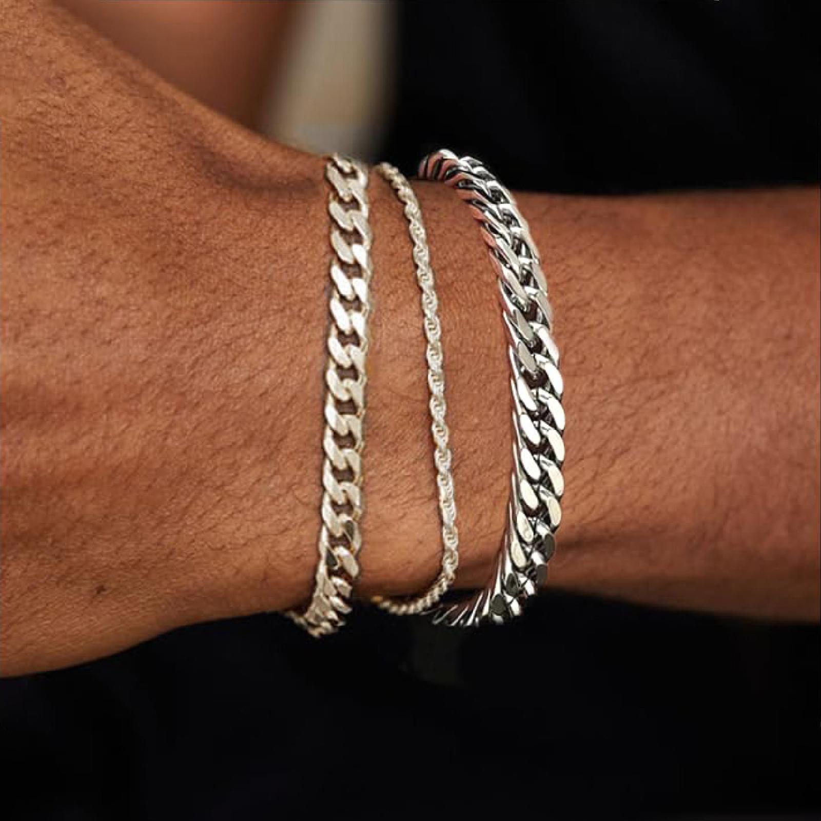 3Pcs Stainless Steel Bracelets for Men, Gold/Silver Mens Chain Bracelet 7.8 Inches Mens Stainless Steel Cuban Link Bracelets Set