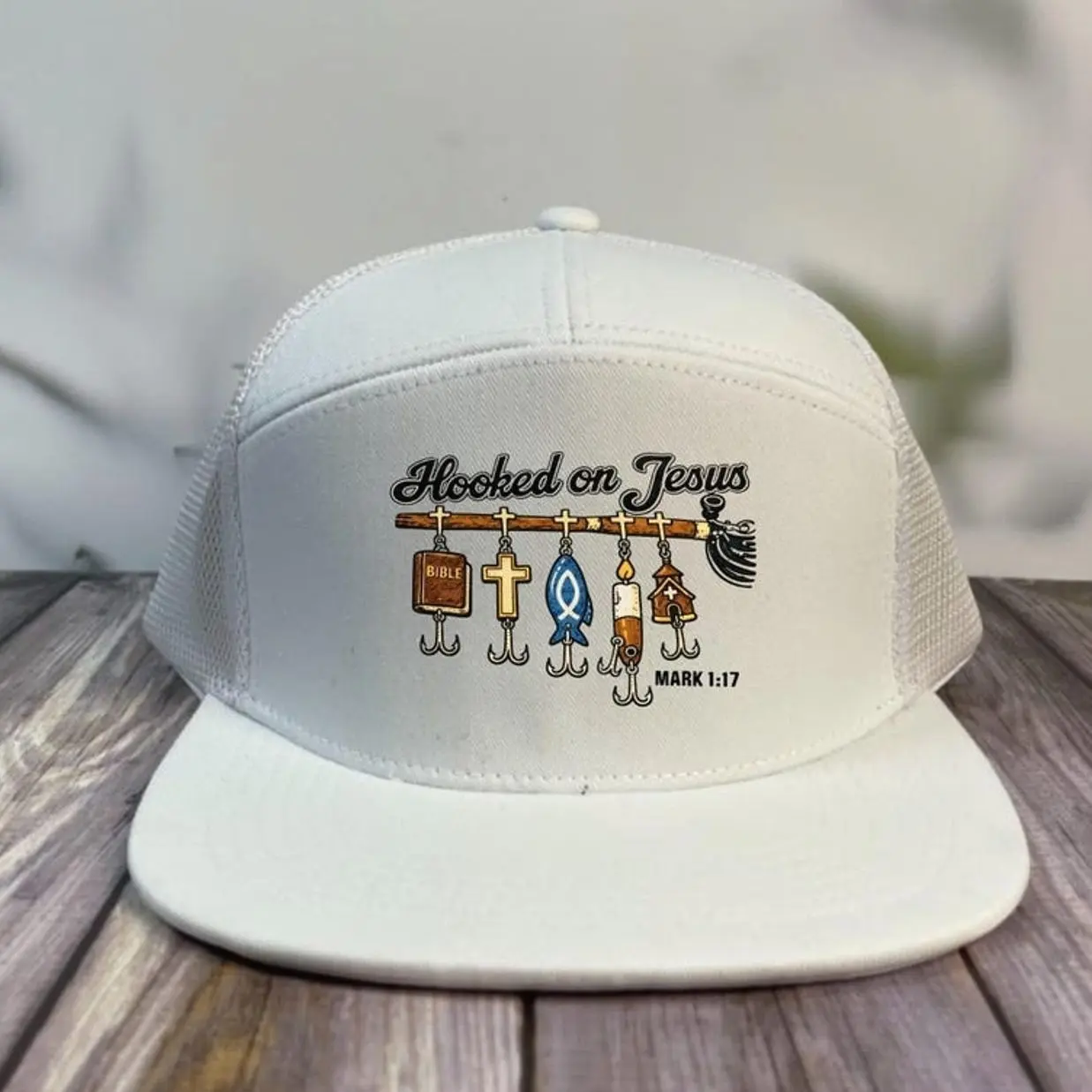 Christian Fishing Trucker Hat Hooked on Jesus Faith Angler Cap Religious Fishing Lover Gift Outdoor Fisherman Snapback Hat for Hunting and Partying Vintage Gift For Him and Adjustable Fit for Men and Women
