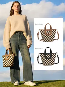 Checkered Bucket Bags for Women, Stylish Top Handle Plaid Handbag, Small Crossbody Bags for Women, Tote Purse with Adjustable Strap, for Gift Travel Shopping Commute Leisure