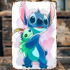 DISNEY CLASSIC Stitch Metal Wall Art - Vibrant Blue Cartoon Decor with Stitch & Plush Toy Design, Traditional Iron Outdoor Sign for Garden, Garage, or Holiday Gift, Garage Decoration