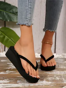 Black thick soled flip flops, women's flip toe anti slip height increasing sandals, summer outdoor wear, beach vacation versatile casual slippers