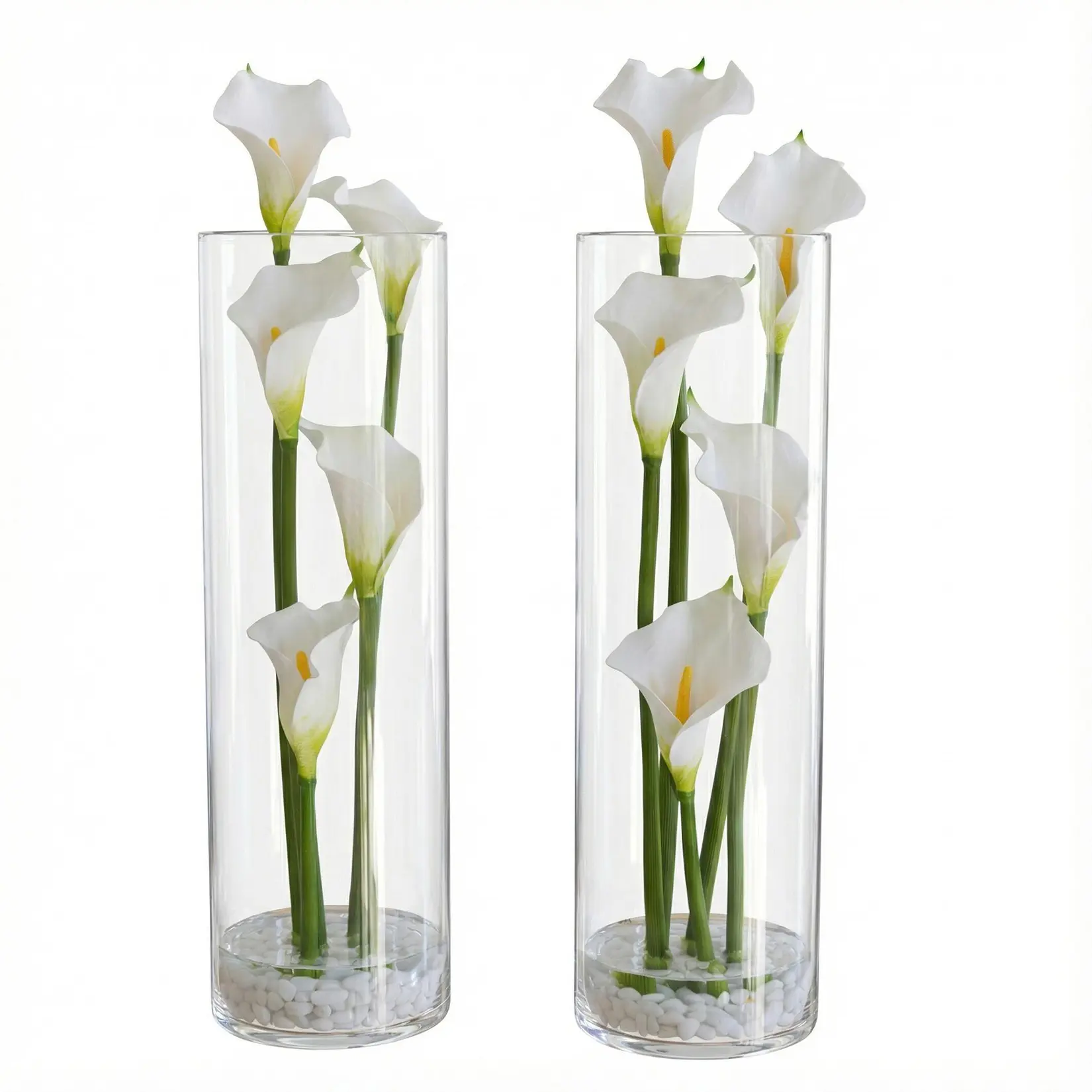Set of 2 Real Touch White Calla Lily Artificial Flowers in Clear Vase with Faux Water & Stones - 20 Inch Elegant Fake Floral Arrangement Centerpieces for Dining Table, Living Room & Wedding Decor - Zero Maintenance Home Botanical Gift