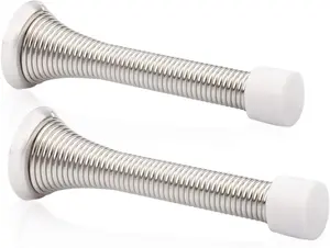 2 Pack Spring Door Stopper Brushed Satin Nickel- 3-1/4" Flexible Spring Door Stops with White Rubber Bumper Tips