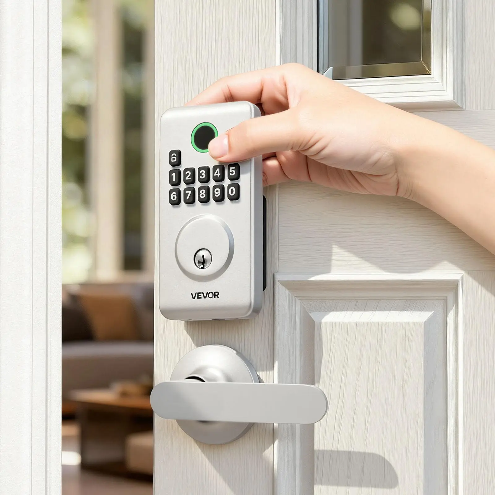 【Auction】VEVOR Corrosion Resistant Smart Door Lock with Handle Set, Electronic Keypad Deadbolt, Easy-Grip Lever Handles, Customizable User Codes, Keyed Entry, Auto Lock, Anti-Peeking Feature, Silver, Corrosion Resistant Smart Door Locks
