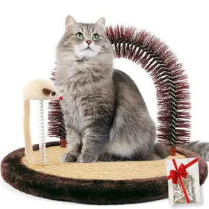 Large Cat Self Groomer, Arch Grooming Brush with Heavy Wooden Scratching Pad, Rubbing Post & Toy, Cat Face Scratchers Body Massager, Cat Scratchers for Indoor Cats, Brown