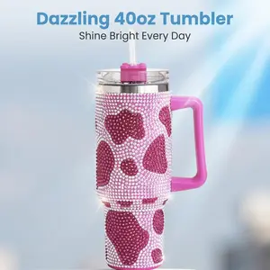 40oz Stainless Steel Vacuum Insulated Thermal Tumbler, Sturdy Portable Car Cup Holder Friendly Mug with Straw, Lid, Leopard Pattern, Pink Cow Print, Full Rhinestone Finish, Superior Insulation