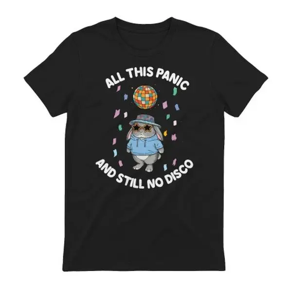 Unisex Short-Sleeve Round-Neck Sports Top, Retro Disco Ball Cool Bunny Graphic Tee, "All This Panic And Still No Disco" Funny Anxiety Casual Shirt, Shortsleeve