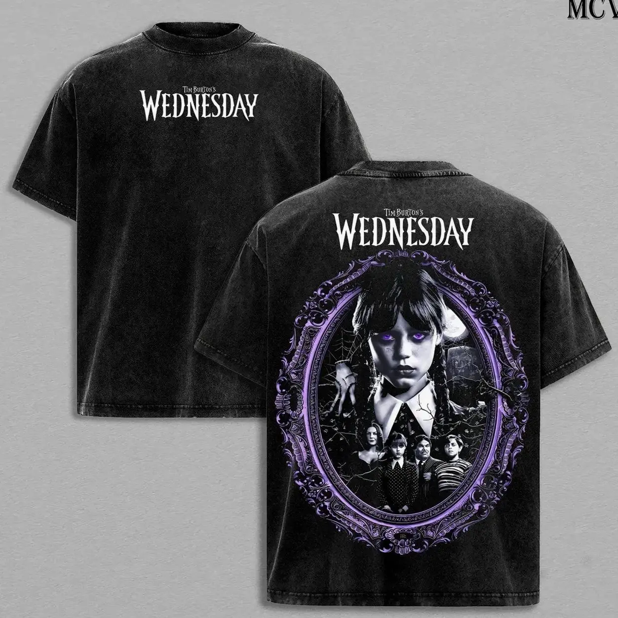 Wednesday Addams Wednesday 2022 T-Shirt Menswear Top Heavy Cotton Underwear Double Printed Vintage Washed Tee Oversize Unisex Streetwear Netflix TV Series The Addams Family Fans TRA