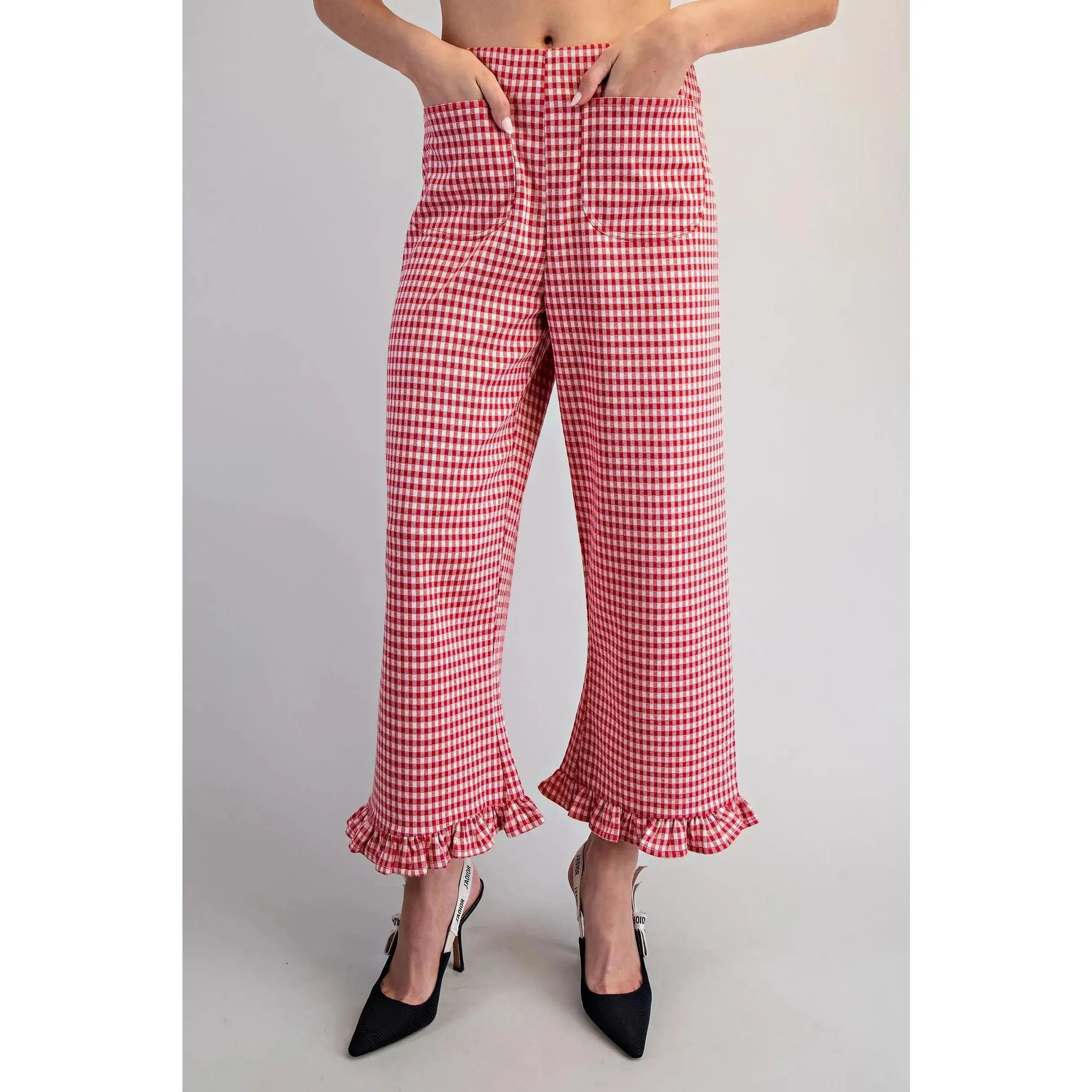 Gingham Printed Ruffle Hem Pants (Tomato)
