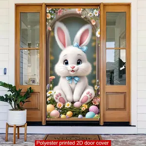 1PC Reusable Polyester 2D Flat Easter Door Banner - Cute Cartoon Rabbit, Easter Eggs, Flowers Themed 2D Printed Door Cover, Festive Party & Birthday Home Front Decoration Prop