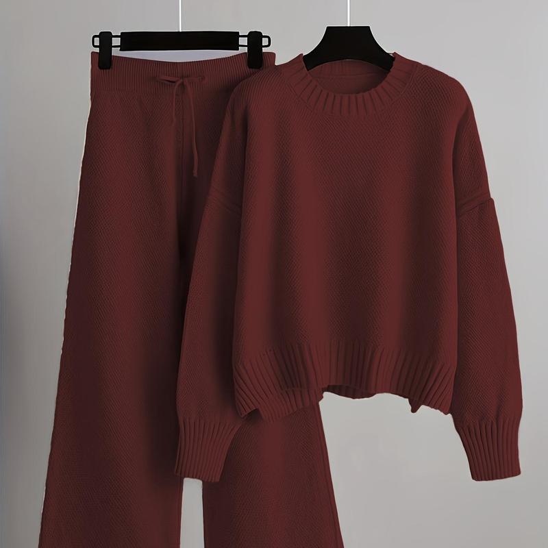 Women 2 Piece Sweater Outfits Long Sleeve Knit Pullover Top Wide Leg Knit Pants Lounge Set Casual Knitted Sweatsuit