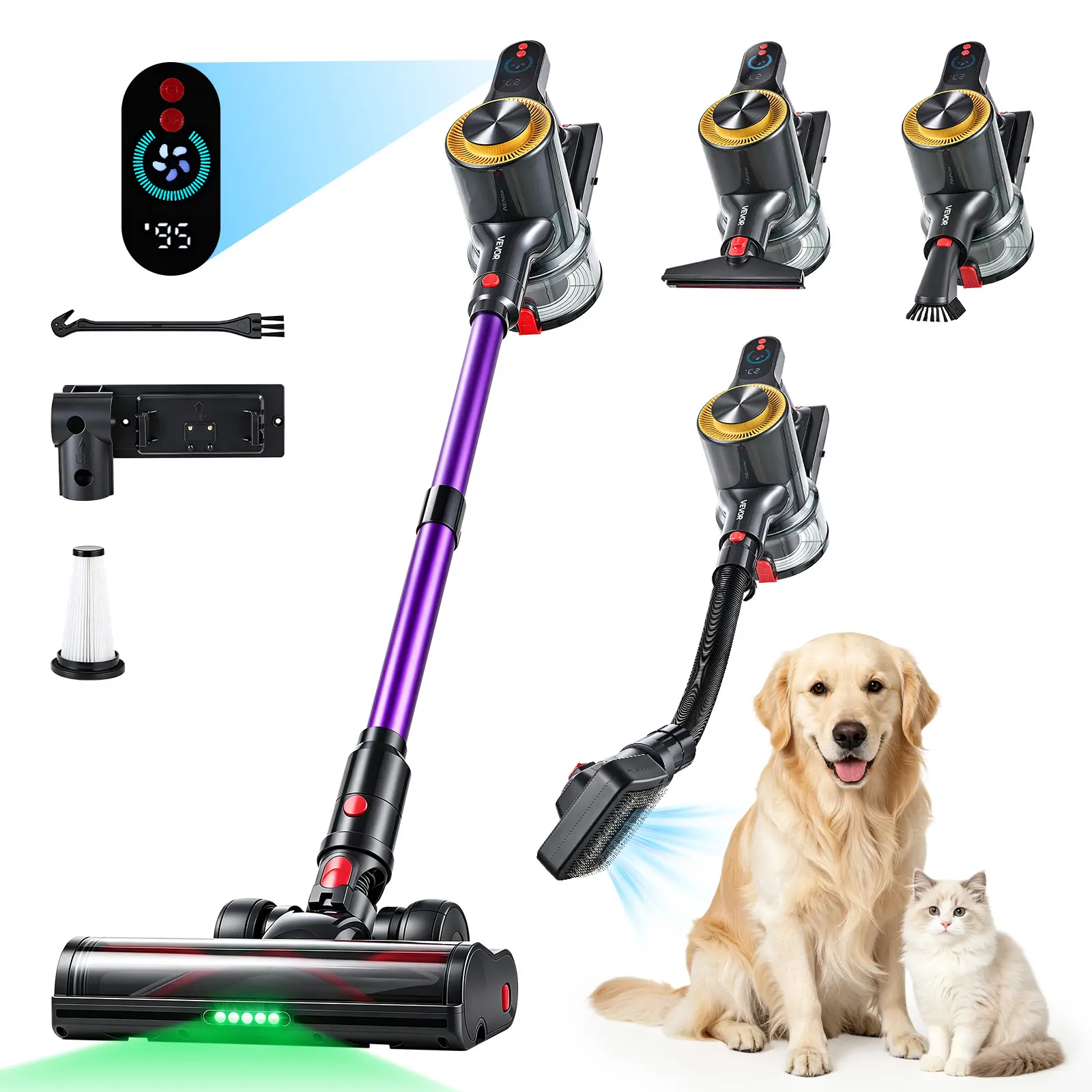 VEVOR Cordless Vacuum Cleaner 500W 50kPA Cordless Stick Vacuum Cleaner, For Home Hard Floor Carpet Pet Hair, 45-Min Runtime, Rechargeable, Lightweight Handheld, with LED Display, 5 Brush Heads