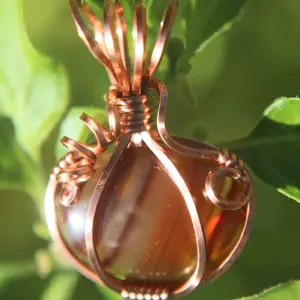 Copper Wire Wrapped Banded Carnelian Crystal Pumpkin Pendant