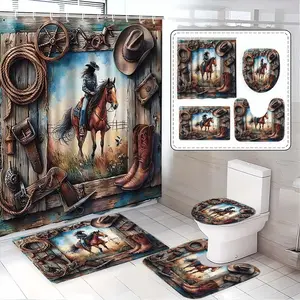 Vintage Denim Horse Pattern Bathroom Set, Includes Shower Curtain, Toilet Seat Cover, Bath Mat, U-Shaped Pad, Home Decor Essentials, Bathroom Decoration Accessories