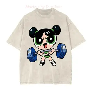 Powerpuff Strong Girl Gym Graphic Washed Tee for Men and Women, Y2k Fitness Workout Pump Cover Shirt for Weightlifters, Apparel Made In The USA		