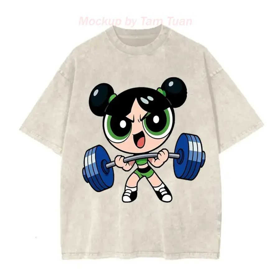 Powerpuff Strong Girl Gym Graphic Washed Tee for Men and Women, Y2k Fitness Workout Pump Cover Shirt for Weightlifters, Apparel Made In The USA		