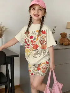 Cartoon Print Short Sleeve Shorts Set, Casual Cute Top, Summer Girls Fashion, Summer Clothes Set, Light Comfortable Breathable Fabric