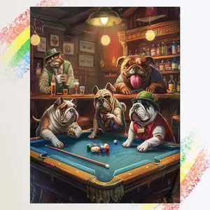 1pcs 5D DIY Handmade Diamond Painting Set, 5D Diamond Art Set, DIY Decoration, Craft, Bulldog Playing Pool Diamond Painting Kit Full Round Drill DIY, Mosaic, Diamond Art, DIY Art Home Decoration, Suitable for Halloween and Christmas, Pub