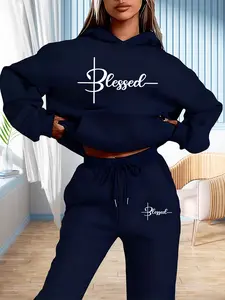 Blessed Art Font Print Sweatshirt Set, Fall & Winter Casual Graphic Fitted Pullover, Comfortable Daily Wear