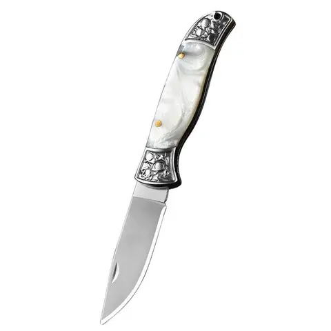 Foldable Folding Pocket Knife - 10cm Stainless Steel Drop Point Blade, Decorative Pearl Handle, Engraved Bolster, Embossed Steel Head, Camping & Kitchen Use, Gift-Ready for Men (folding pocket knives, centimeters included)