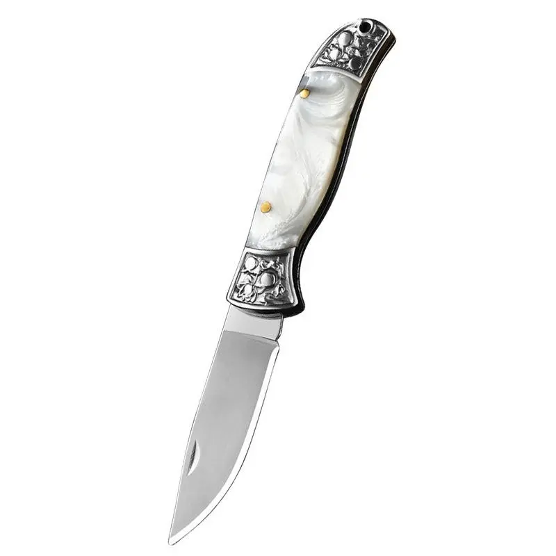 Foldable Folding Pocket Knife - 10cm Stainless Steel Drop Point Blade, Decorative Pearl Handle, Engraved Bolster, Embossed Steel Head, Camping & Kitchen Use, Gift-Ready for Men (folding pocket knives, centimeters included)