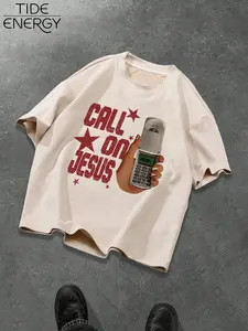 Vintage Faith Graphic Print T-Shirt, Suede Fabric, Oversized Washed Design, Y2K Style, Casual Short Sleeve Round Neck Top, Fashion for School/shopping/daily Wear