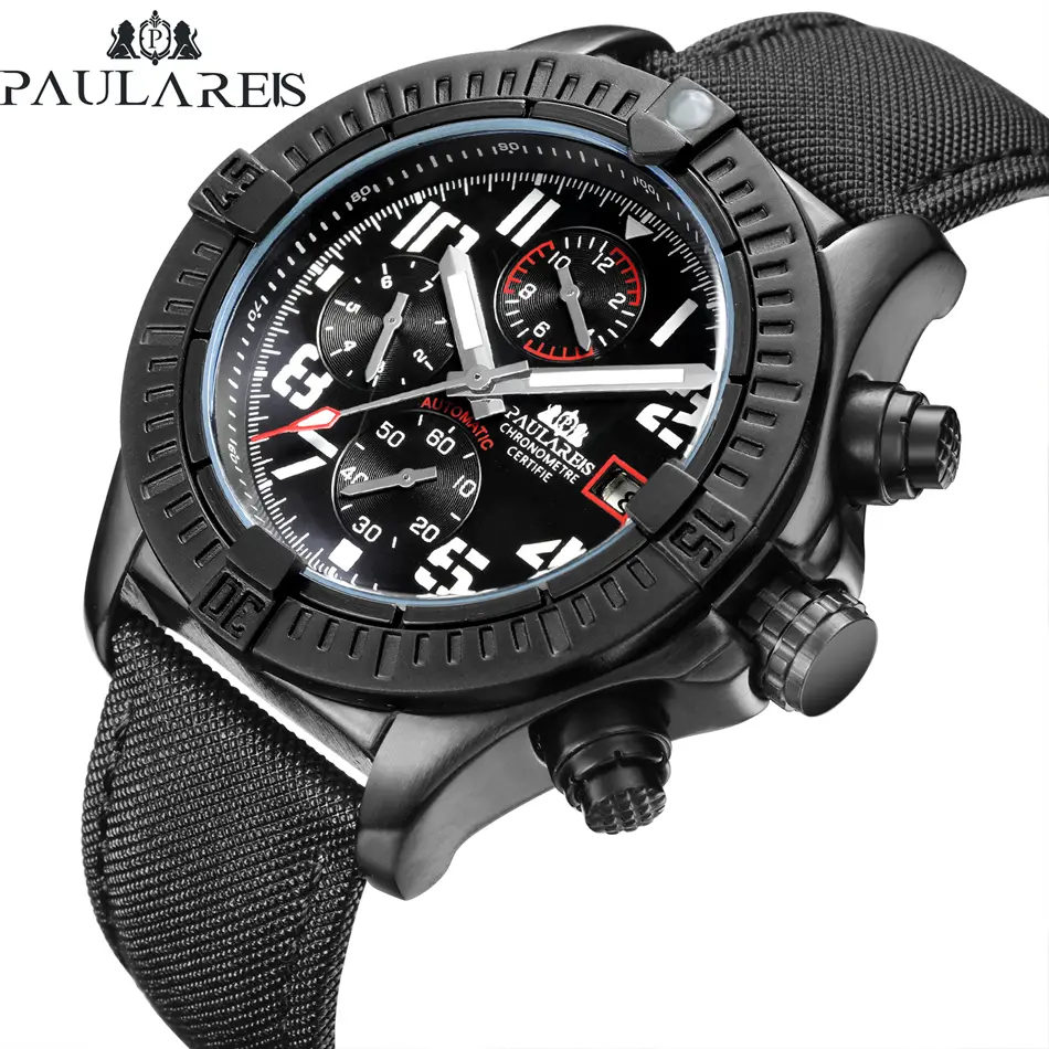 Automatic Watch for Men Mechanical Self Wind Canvas Genuine Blue Leather Multifunction Date Luminous Wristwatches